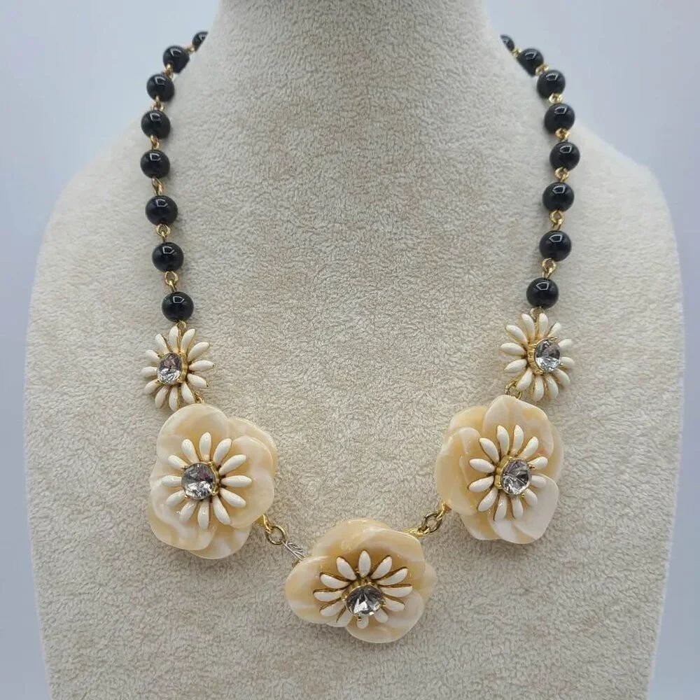Talbots Black Bead Flower Necklace with Crystals NWOT!
